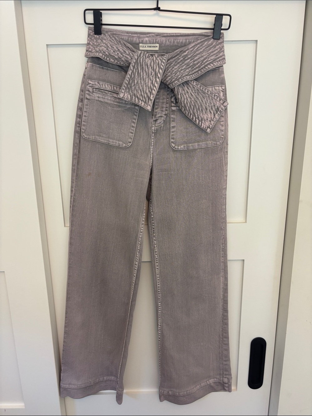 Ulla Johnson Wide-Leg Jeans in Distressed Gray/Dusty Mauve with Self-Tie